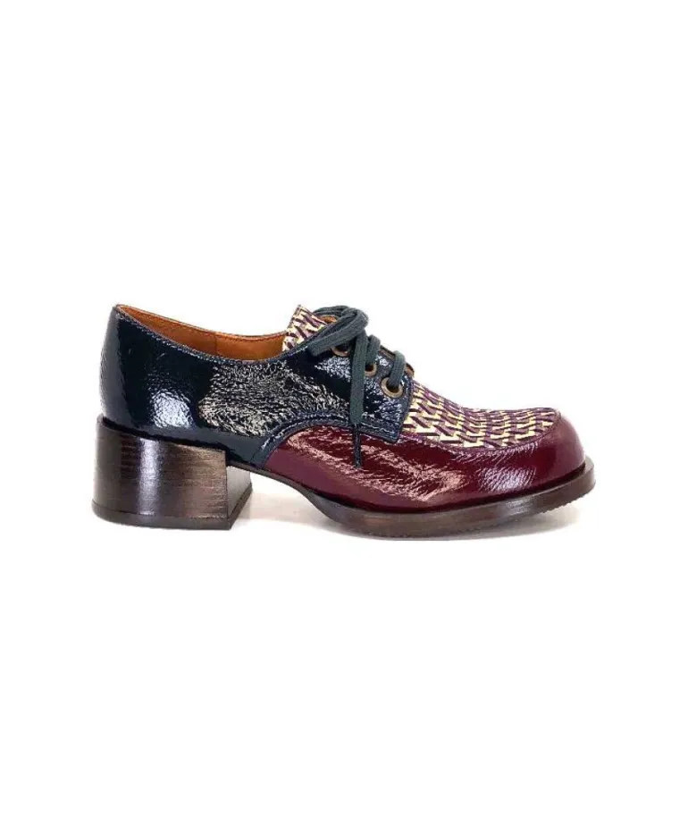 Chie Mihara Trudu Cuir Vernis Purple, Vert & Toile Satin Imprimee