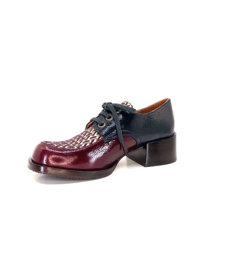 Chie Mihara Trudu Cuir Vernis Purple, Vert & Toile Satin Imprimee