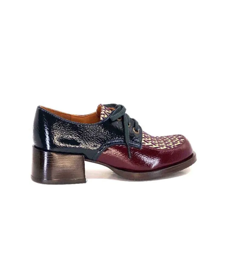 Chie Mihara Trudu Cuir Vernis Purple, Vert & Toile Satin Imprimee