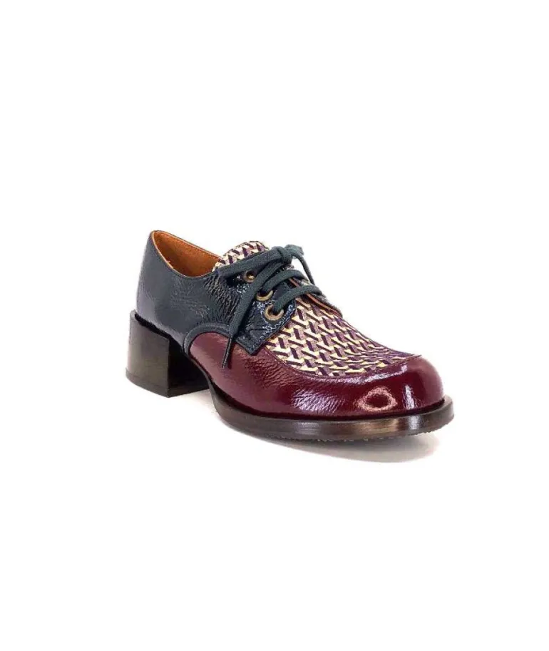Chie Mihara Trudu Cuir Vernis Purple, Vert & Toile Satin Imprimee